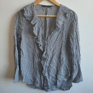 Zara Ruffle Striped Button Down Flouncy Blouse S Black white